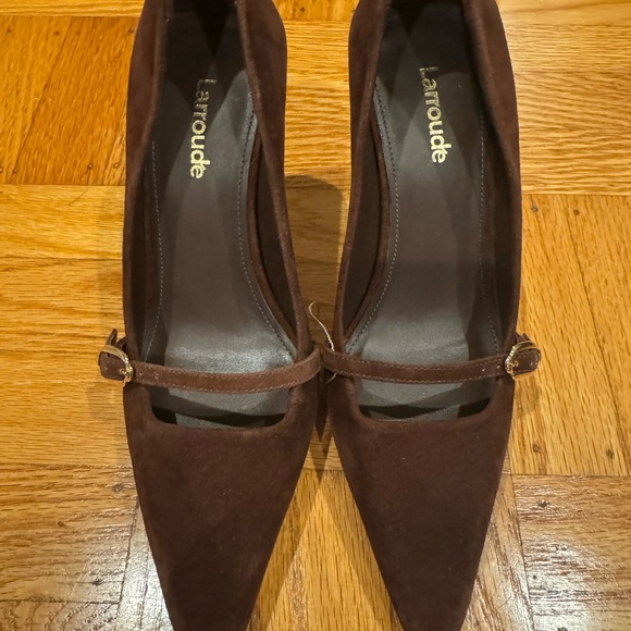 Larroude Chocolate Brown Suede Pointed Toe Heels - Picture 2 of 4